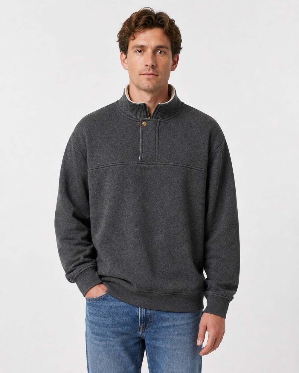 Orvis Men’s XL Navy Blue Mock Neck Pullover Sweatshirt Cotton Blend Fleece